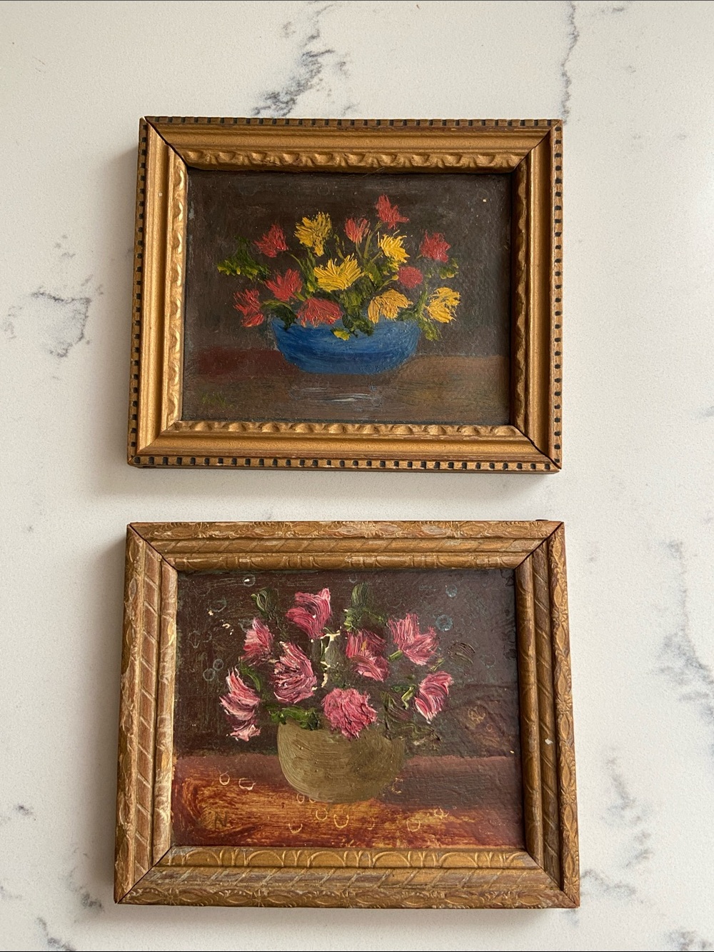 Vintage Miniature Floral Oil Paintings Pair Gold Frames